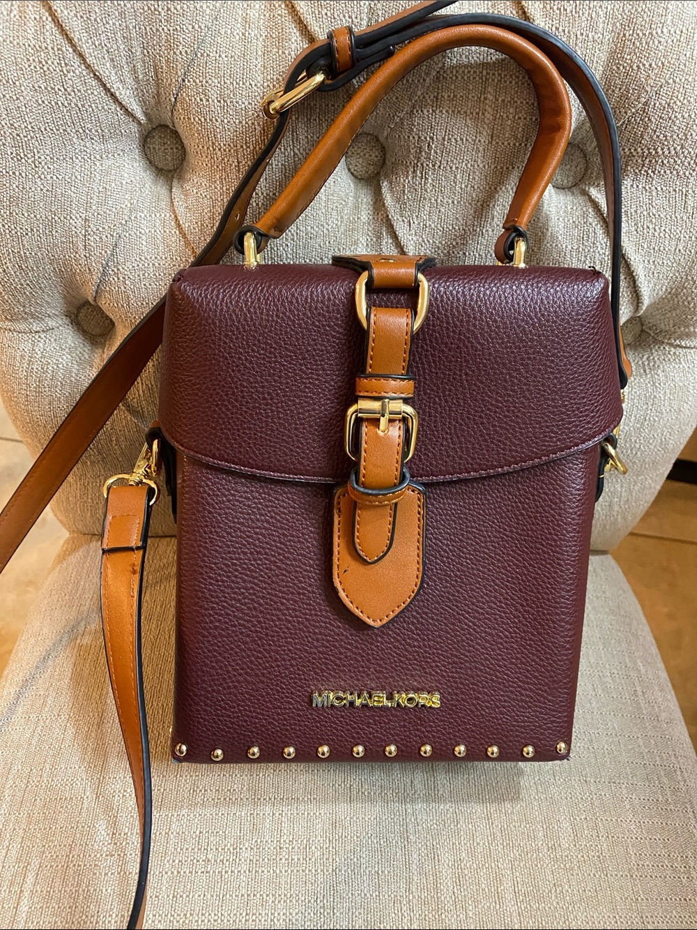 Michael Kors Burgundy Tan Leather Satchel wGold Hardware & Detachable Straps